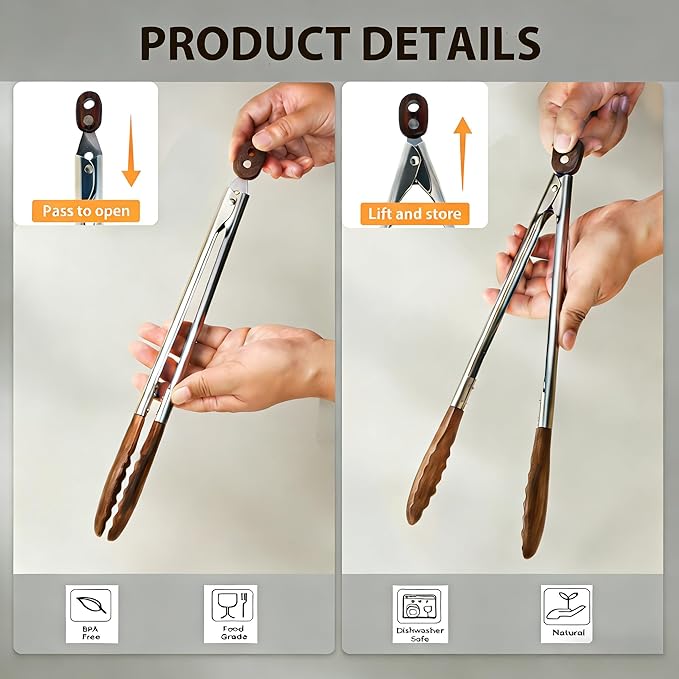 Wooden Tongs for Cooking Heat Resistant 2 Pcs 9 Inch 12 Inch Wooden Salad Tongs with Wood Tip for Serving Food Walnut Wood Kitchen Utensils for Toaster Home Chefs Gift Suitable for Non-stick Cookware
