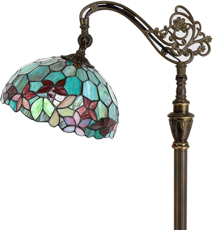 Tiffany Floor Lamp Stained Glass Lamp 18.88X12X67 Inch Angle Adjustable Arched Gooseneck Antique Reading Light (Red Green Flowers)