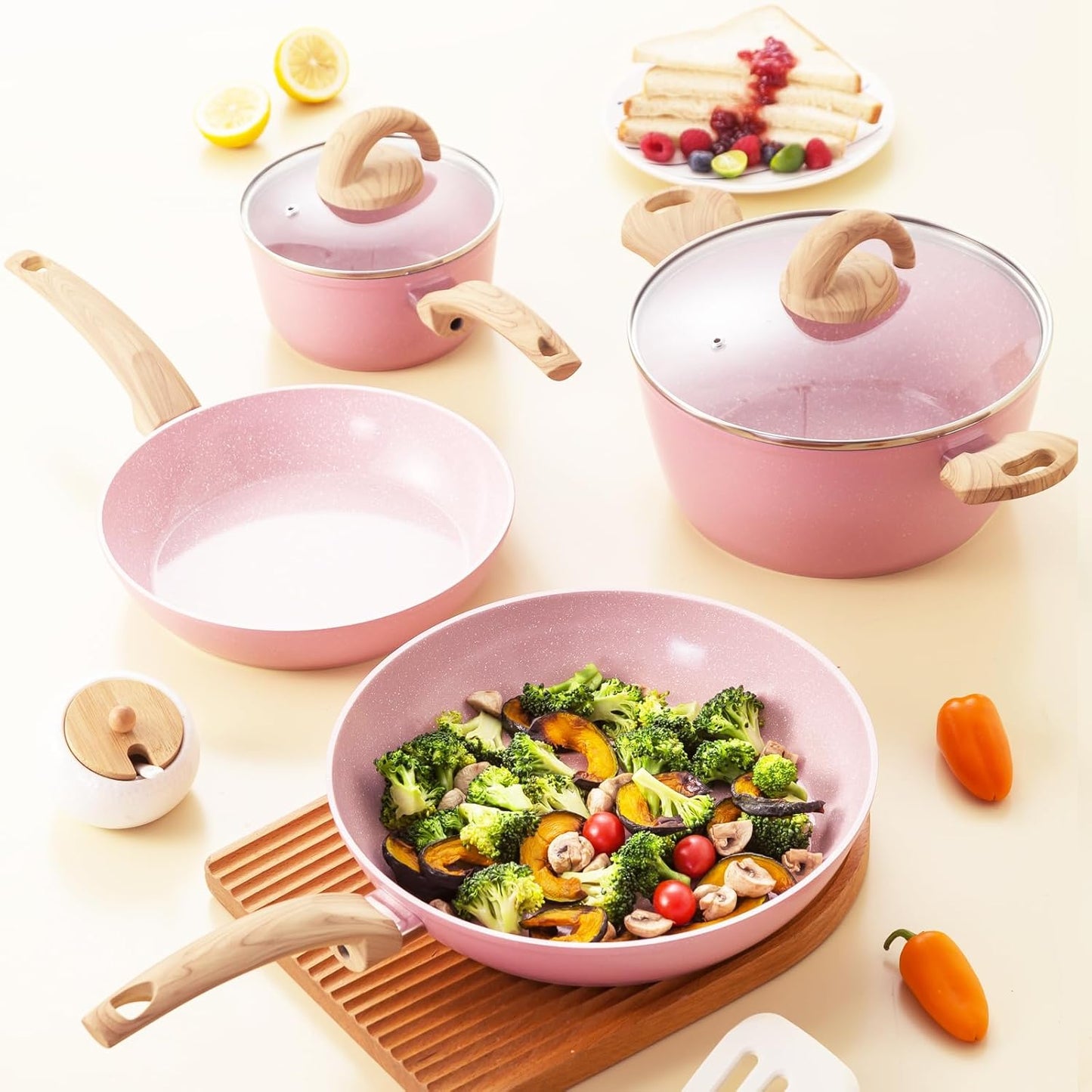 Pink Pots and Pans Set Non Stick, Ceramic Cookware Set with Granite Pattern Kitchen Cooking Sets Induction Pot and Pan w/Frying Pans, Saucepans, Casserole, Non-Toxic, PTFE/PFOA/PFOS-Free