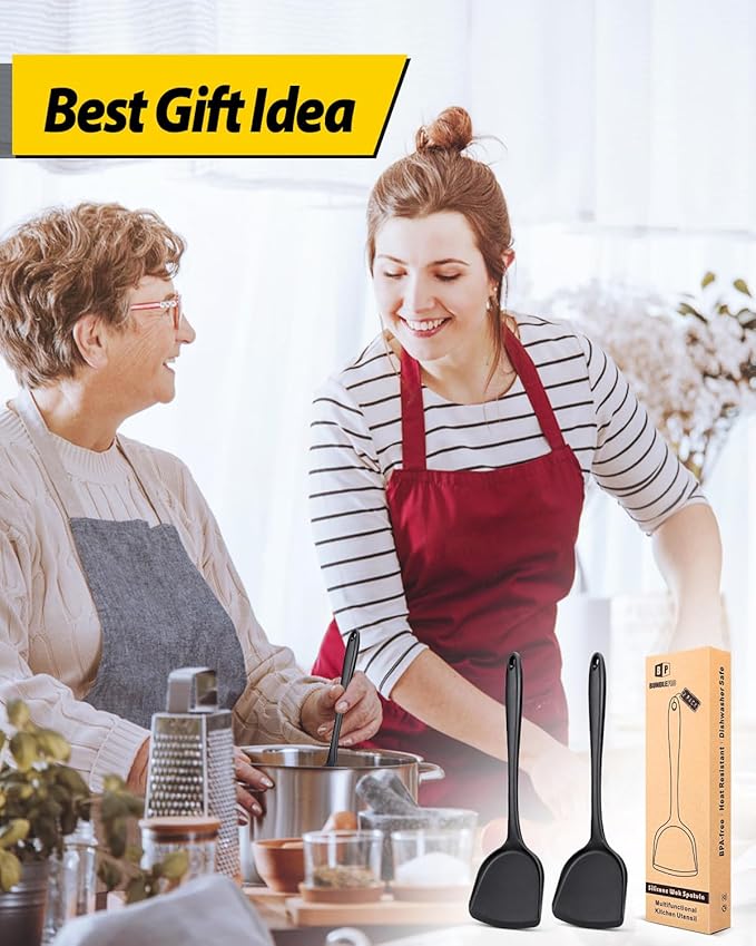 Pack of 2 Silicone Wok Spatula, Non-Stick, Heat Resistant, Easy to Clean and Dishwasher Safe, Seamless Kitchen Utensil for Cooking, Baking, Stir-Fry (Black)