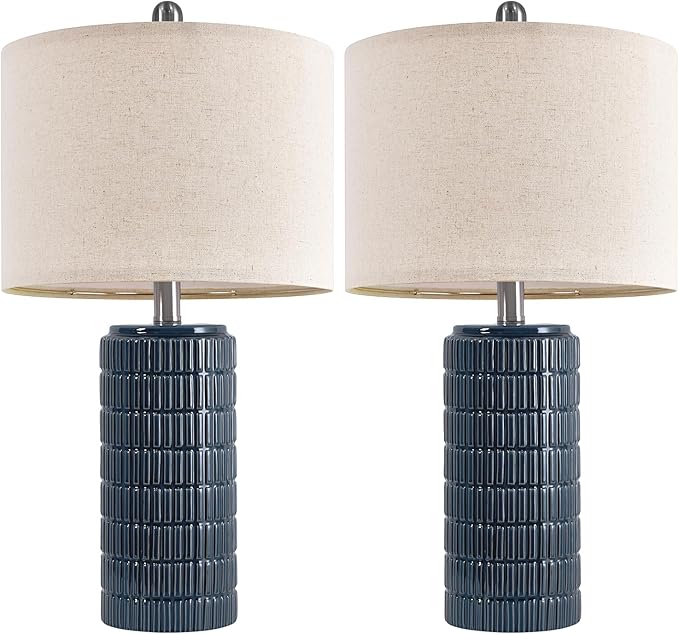 PoKat 24" Modern Ceramic Table Lamps Set of 2 for Bedroom, Blue Bedside Lamps for Night Stands, Farmhouse Desk Decor Nightstand Table Lamps for Living Room End Table Dark Blue