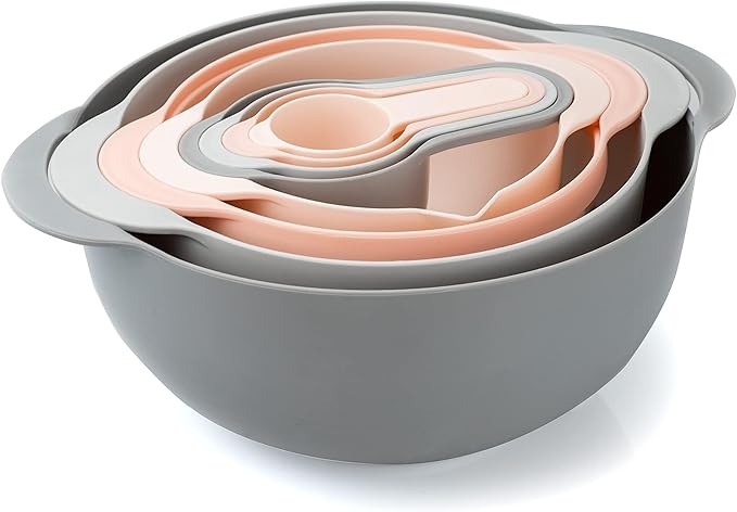 COOK WITH COLOR Nesting Bowls with Measuring Cups Colander and Sifter Set - Includes Mixing Bowls, Colander, Sifter and Measuring Cups, Pink, 8 Pc Bowl