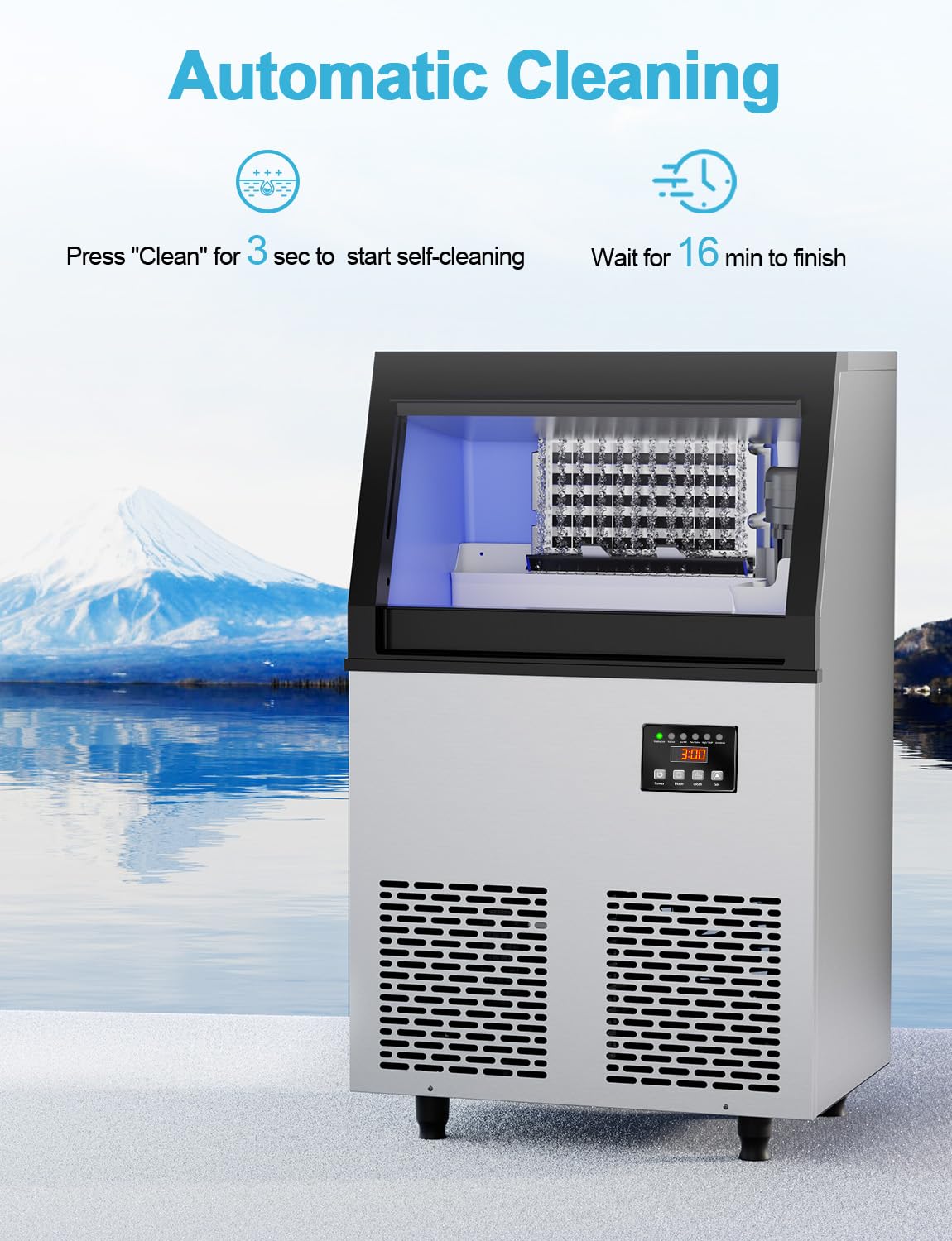 Commercial Ice Maker Machine, 100 lbs/24H Under Counter Ice Machine with 34lbs Ice Storage, Stainless Steel Freestanding Ice Makers for Home Bar Restaurant Outdoor, 45 Ice Cubes