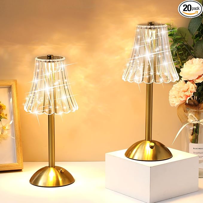 Liliful 20 Pcs Cordless Table Lamp Rechargeable Touch LED Small Gold Portable Battery Operated USB-c Desk Lamp 3 Color Dimmable for Bedroom Living Room Dining (Gold,Rose Style)