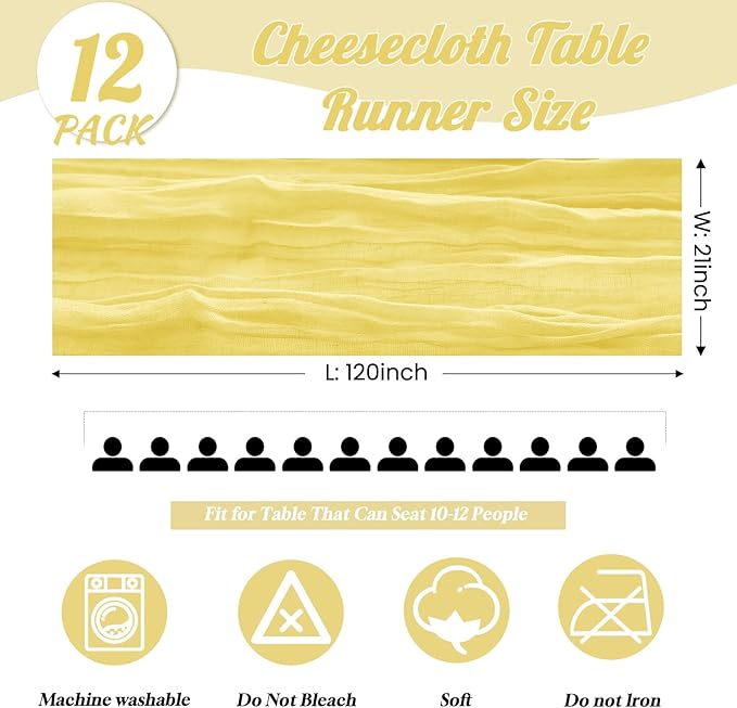 12 Pack Light Yellow Table Runner 10FT Cheesecloth Table Runner 21 x 120 inch Boho Gauze Cheese Cloth Table Runner Rustic Sheer Table Runner for Party Wedding Bridal Baby Shower Birthday Table Decor