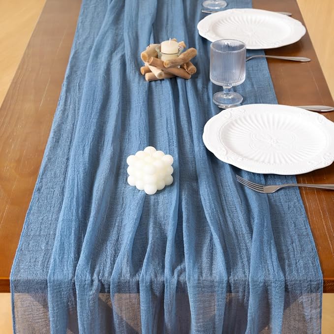 Socomi 6pcs Dusty Blue Fall Thanksgiving Gauze Cheesecloth Table Runner 120 Inch Rustic Boho Cheese Cloth Runner for Wedding Party Baby Bridal Shower Centerpiece Decoration Holiday Home Decorations