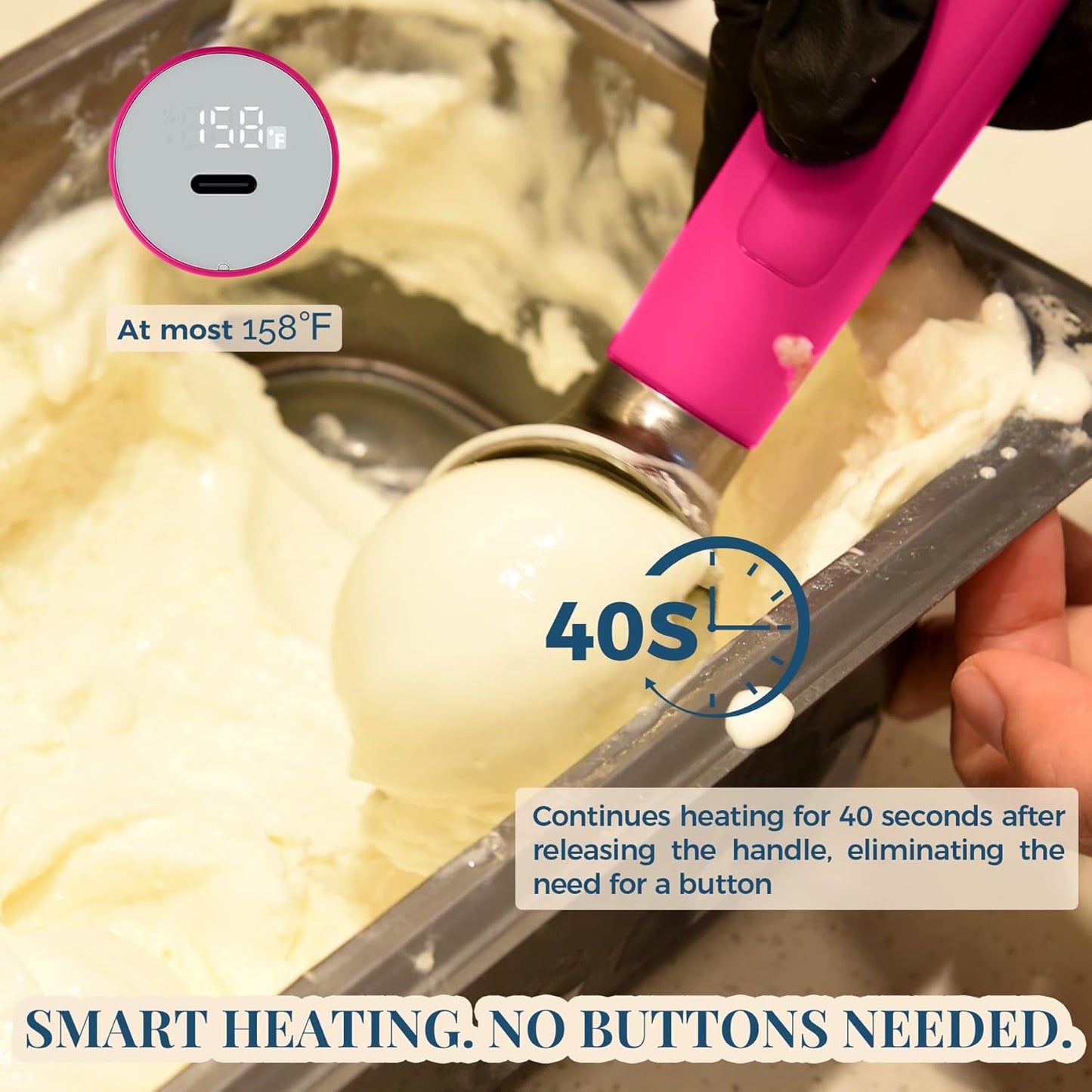 Heated Ice Cream Scoop Rechargeable, Electric Warming Ice Cream Scooper with LED Display, Heats to 158°F for Hard Ice Cream, Easy for Seniors & Kids, IP67 Waterproof (Hot Pink, 2oz)