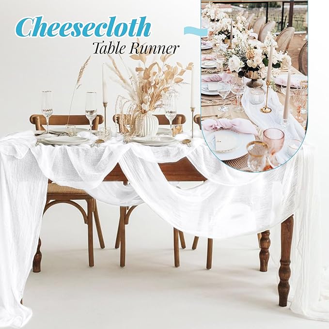 Aktor 12 Pack White Cheesecloth Table Runner 10Ft Gauze Table Runner Boho Semi Sheer Cheese Cloth Fabric Runners for Wedding Birthday Baby Shower Party Table Decoration（White）