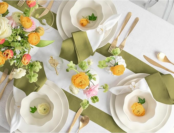 Solino Home Linen Table Runner 36 Inches - 100% Pure Linen Avocado and White Small Table Runner 14 x 36 Inch Ideal for Dresser and Coffee Tables - Winter - Contempo