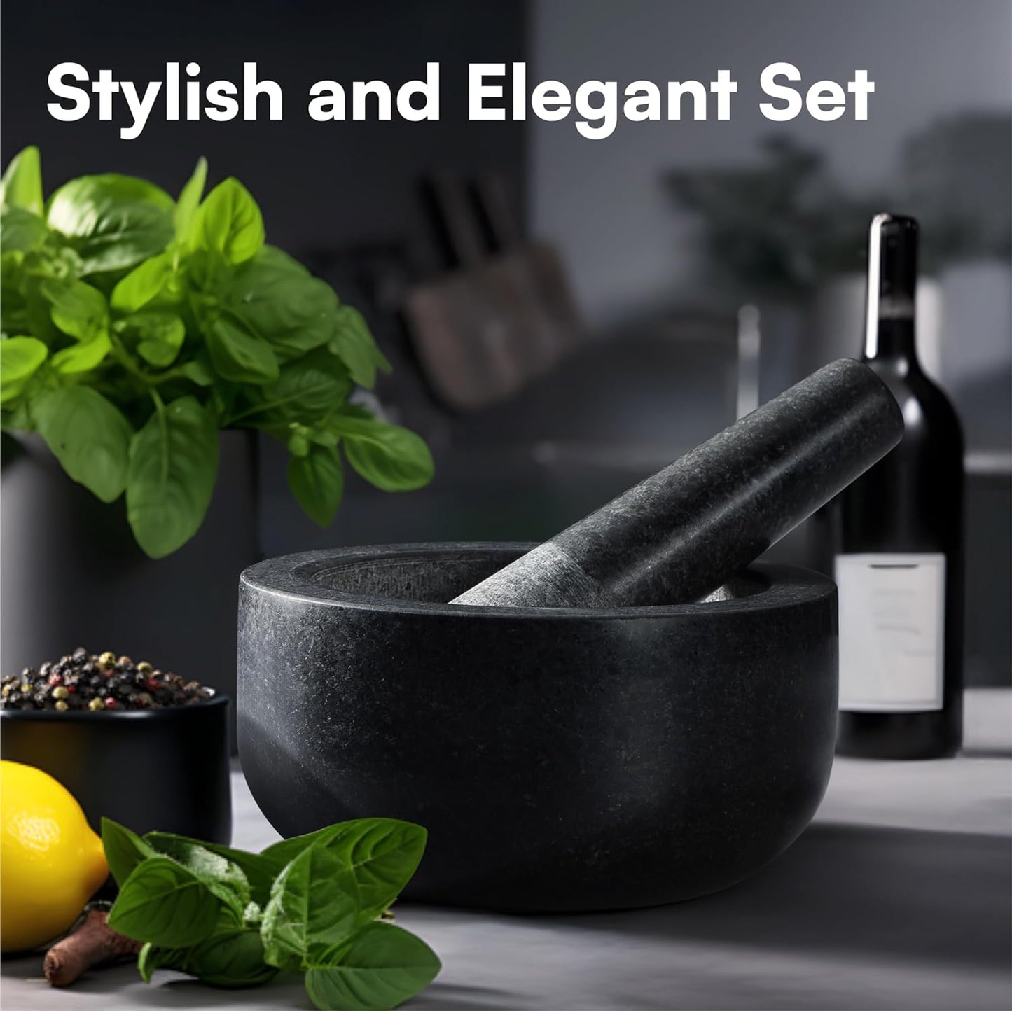 H&S Mortar and Pestle Set - Large Premium Solid Granite Stone Grinder Set - 16cm (6.3") Diameter - for Crushing & Mashing Herbs & Spices - Black
