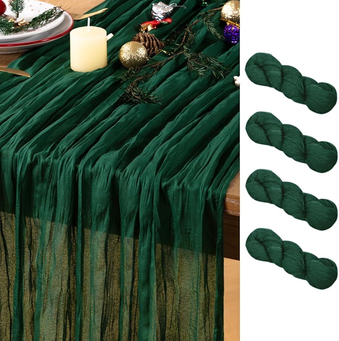 Emerald Green Cheesecloth Table Runner 4 Pack Christmas Green Table Runners Boho Gauze 120 Inches Cheese Cloth Table Decor for Xmas Holiday Season Parties Wedding Bridal Baby Shower Tea Party