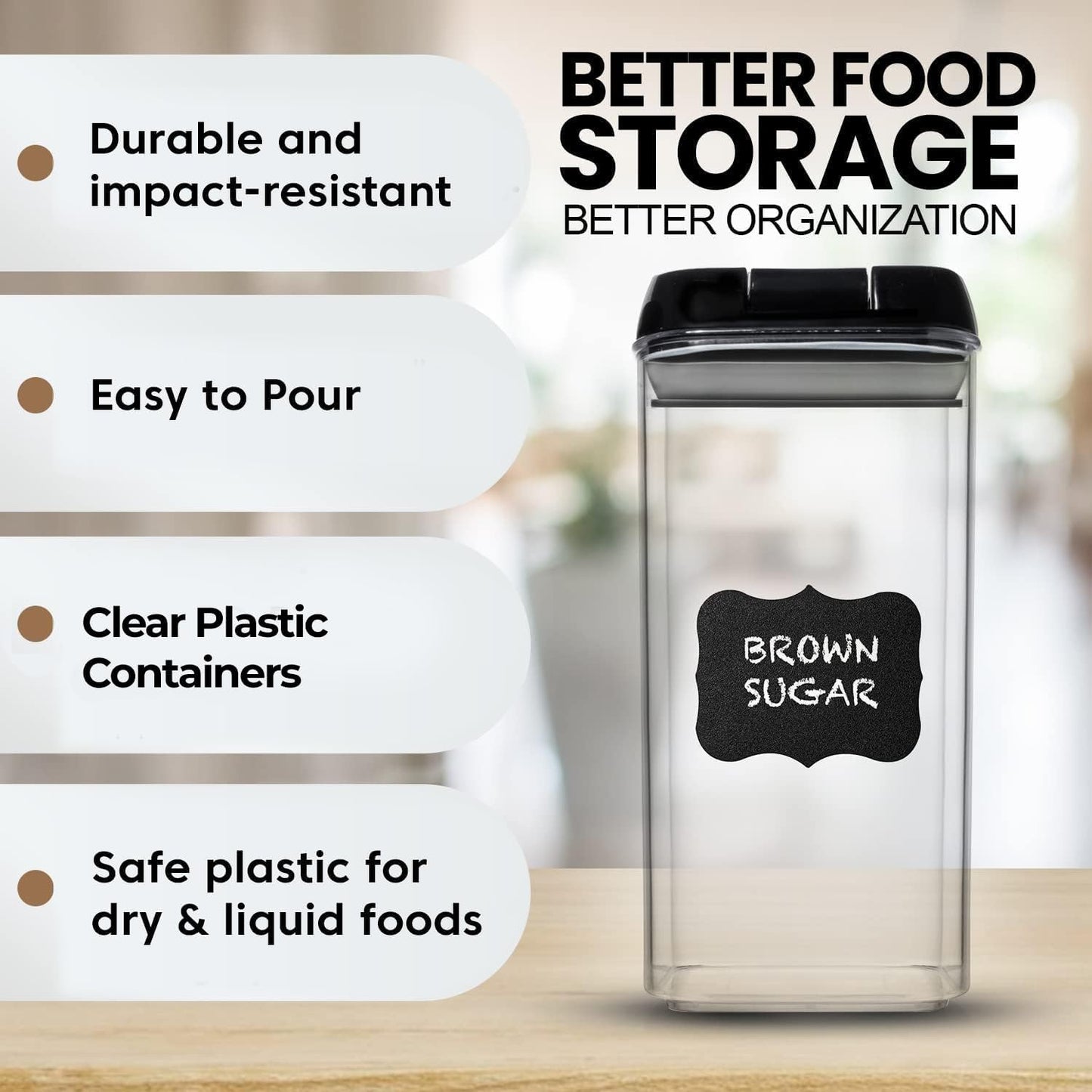 Shazo Airtight Food Storage Containers with Lids - 6 PC BPA Free Clear Plastic Cereal Containers with Easy Lock Lids for Kitchen and Pantry Organization for Snacks and Pasta - 1.2 L