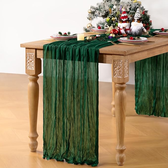 Emerald Green Cheesecloth Table Runner 12 Pack Christmas Green Table Runners Boho Gauze 120 Inches Cheese Cloth Table Decor for Xmas Holiday Season Parties Wedding Bridal Baby Shower