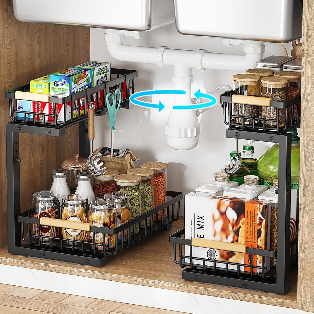 Under Sink Organizer, 2 Tier Metal Under Sink Organizers and Storage, 2 Pack Height Adjustable Slide out Pull out Cabinet Organizer Shelf for Kitchen Bathroom Pantry Cabinet