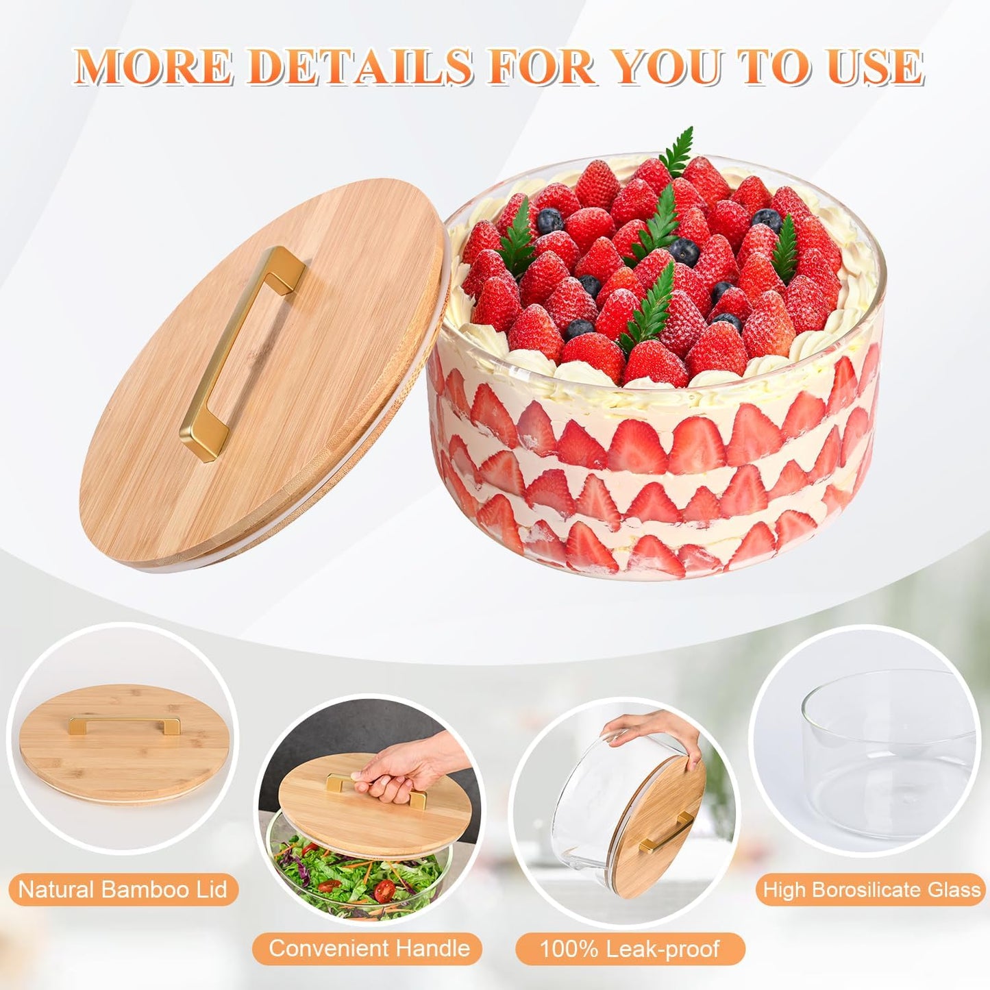 Large Salad Bowl, 10 inch Trifle Bowl Glass with Sealed Lid, Versatile Mixing and Serving Bowl for Laying Ice Cream,Cake,Cupcake,Salad,Fruit,Baking,Dessert and Party Diy, Microwave Safe