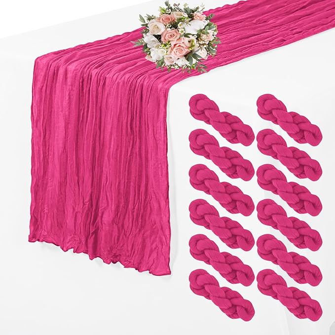 12 Pack Cheesecloth Table Runner 35 x 70 inch Long Boho Cheese Cloth Gauze Table Runners Semi Sheer Table Runner for Wedding Decor, Bridal Shower, Birthday Party (Hot Pink)