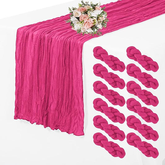 12 Pack Cheesecloth Table Runner 35 x 70 inch Long Boho Cheese Cloth Gauze Table Runners Semi Sheer Table Runner for Wedding Decor, Bridal Shower, Birthday Party (Hot Pink)