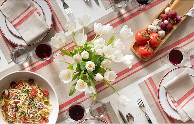 Solino Home Striped Linen Table Runner 108 Inches Long - French Stripe 100% Pure Linen Red and Natural Dining Table Runner 14 x 108 Inch for Christmas, Winter, New Year