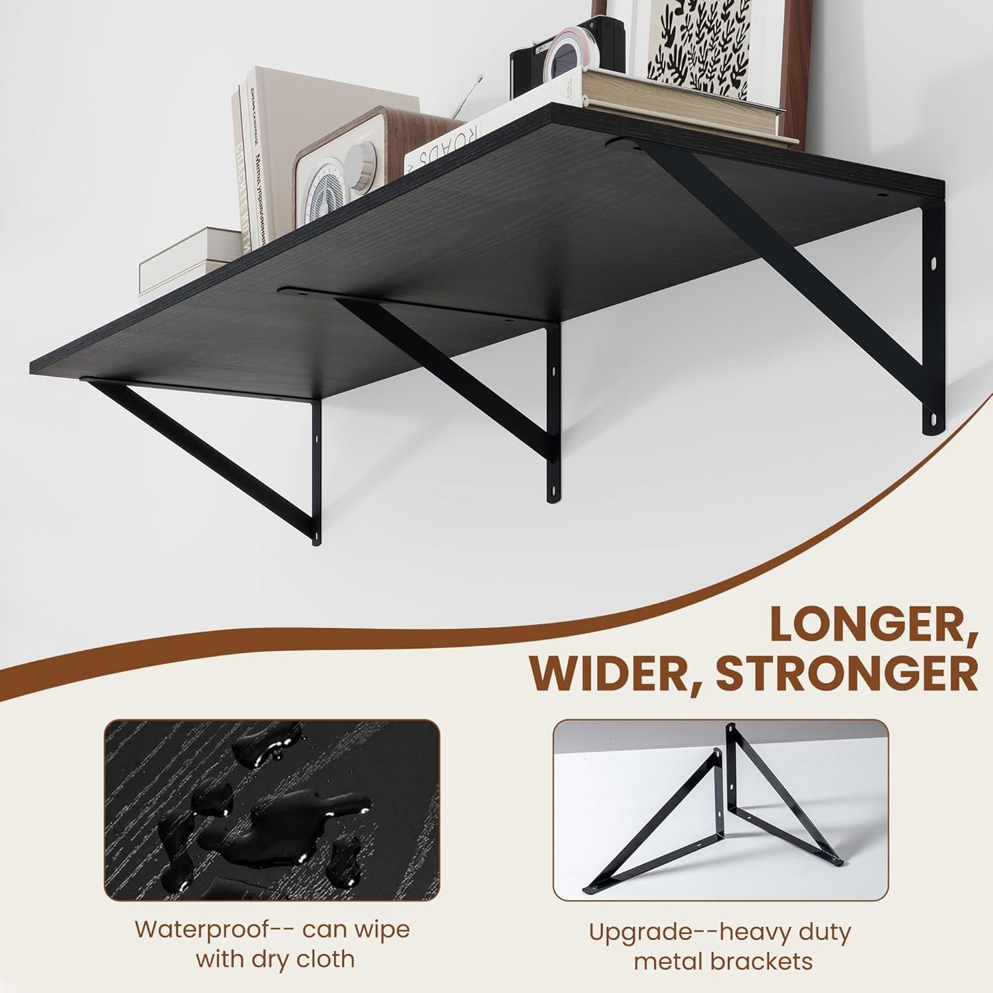 Heimlove Black Deep Floating Shelves for Wall, 36W x 12D Wood Wall Shelves Set of 2, Wide Floating Bookshelf for Living Room, Kitchen, Office, Bedroom and Decor Storage, with Metal Bracket - Black