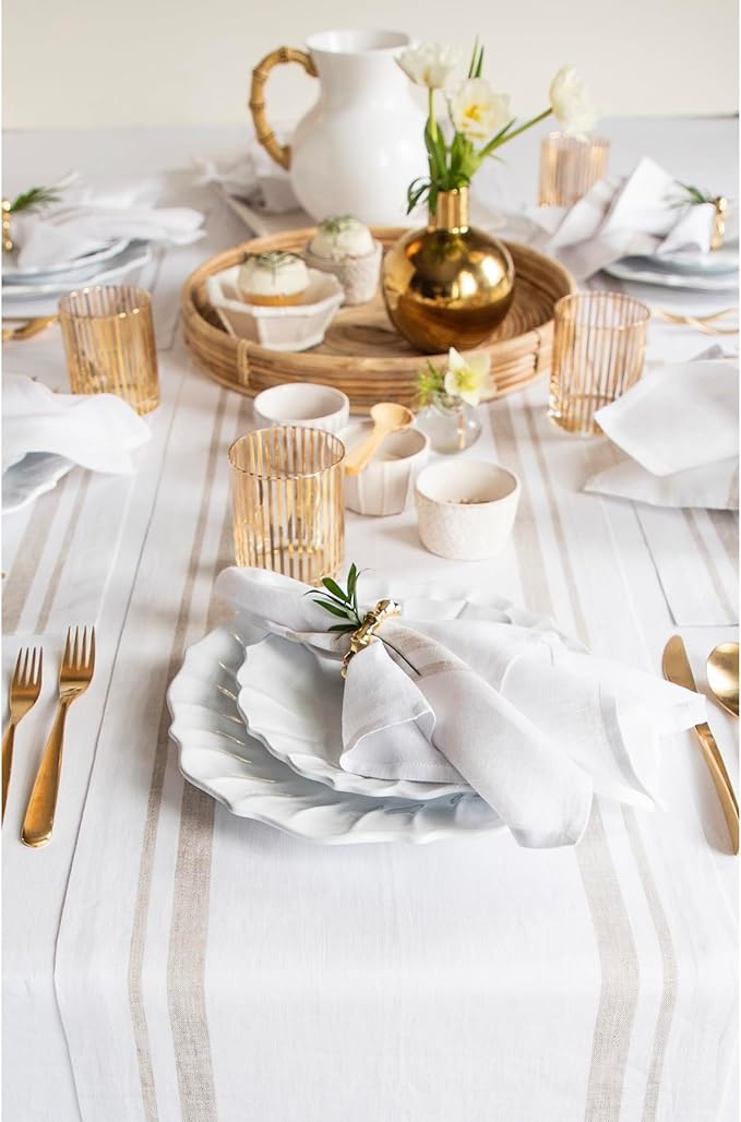 Solino Home Linen Table Runner 72 Inches Long - 100% Pure Linen Natural and White French Stripe Table Runner 14 x 72 Inch for Dining, Dresser