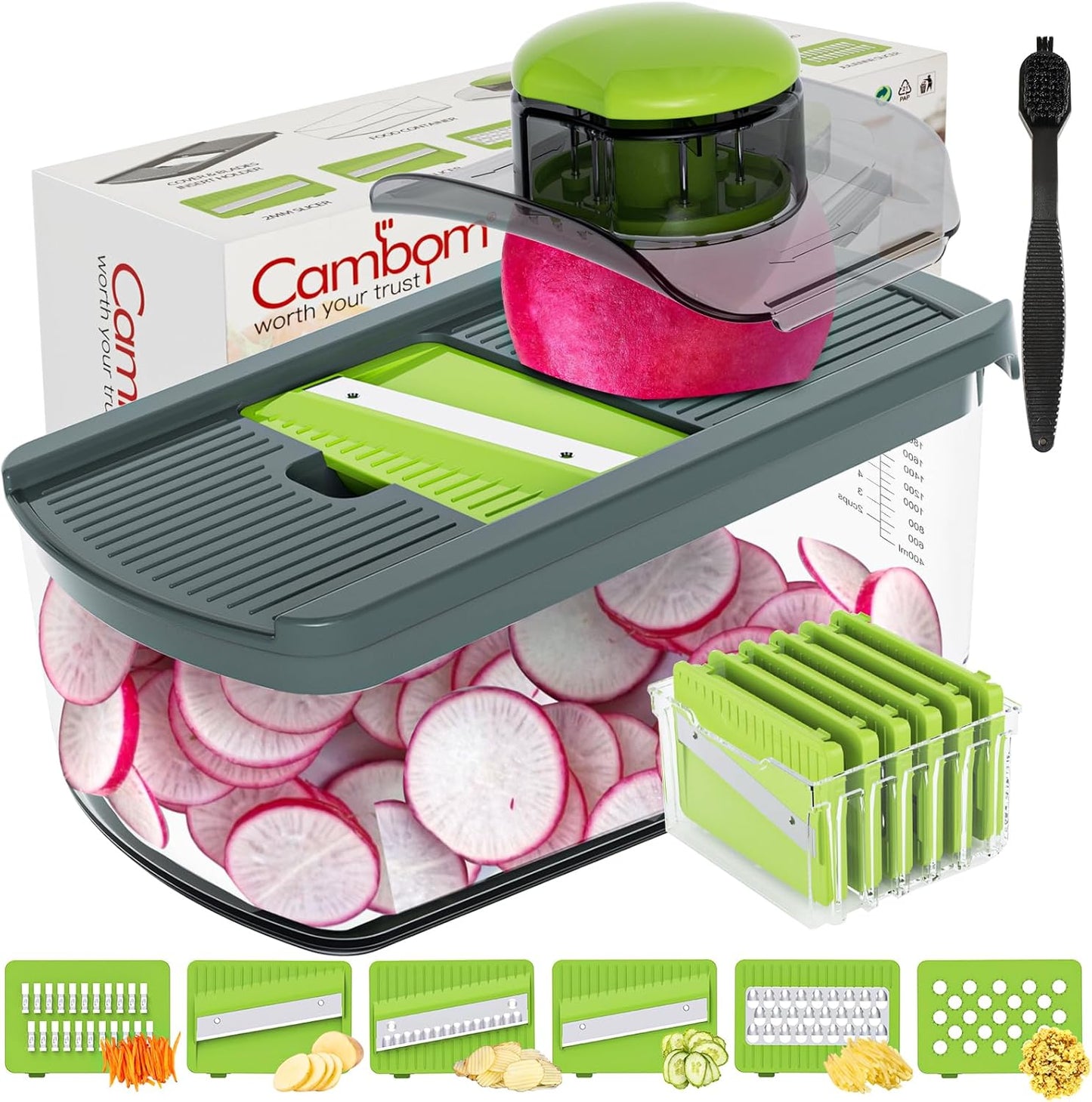 Cambom Mandoline Slicer Vegetable Slicer With 2 L Container for Potatoes, Tomatoes, Cucumbers, Carrots With 10 Blades White