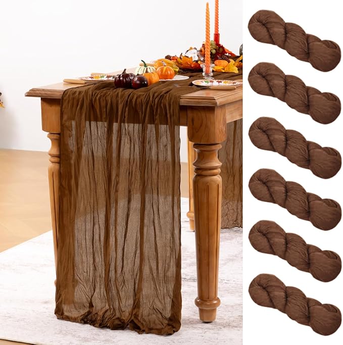 Brown Cheesecloth Table Runner Tan 6 Pack Christmas Table Runners Boho Gauze 120 Inches Marron Cheese Cloth Table Decor for Xmas Holiday Season Parties Wedding Bridal Baby Shower Tea Party