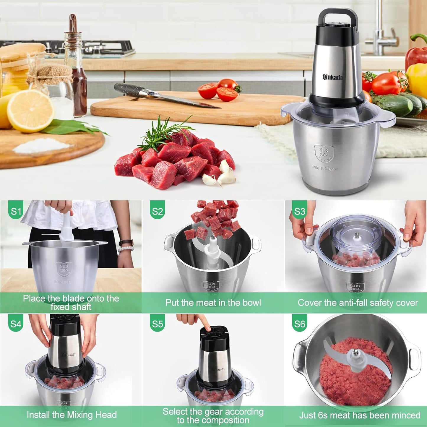 Food Processor, 500W Powerful Meat Grinder, 14Cup Stainless Steel Bowl, 3 Speed Modes 4 Bi-Level Blades for Onion, Meat, Nuts, Fruit, Garlic, Vegetable, Baby Food
