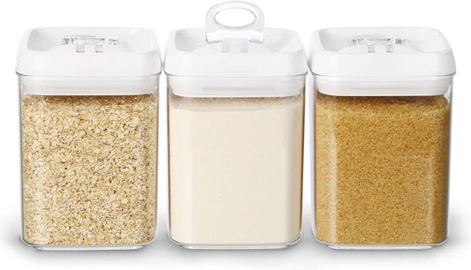 Felli Flip Tite Food Storage Containers With Lid 5" LARGE Airtight Ring Lock Flip Top, Square Acrylic Canister Jar for Rice Sugar Flour Protein Powder, Kitchen Pantry Organizer, Gift Set (1.8qt)