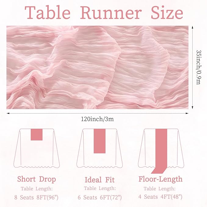 3 Pcs 35"×120" Light Pink Cheesecloth Table Runner, Cute Pleated Boho Gauze Rustic Sheer Translucent Runner, Table Decorations for Valentine Wedding Baby Shower Birthday Holiday Home Decor