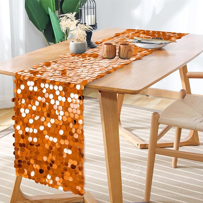 12 x 108 Inch Orange Sequin Table Runner Glitter Rectangle Big Sequin Table Runner for Wedding Party Birthday Christmas Halloween Decoration (1 Pack)