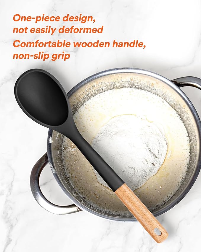 Large Silicone Cooking Spoons, Nonstick Solid Wooden Handle Spoon, Heat Resistan Silicone Kitchen Spoons for Cooking, Serving, Basting, Mixing, 13.2inch (Black)