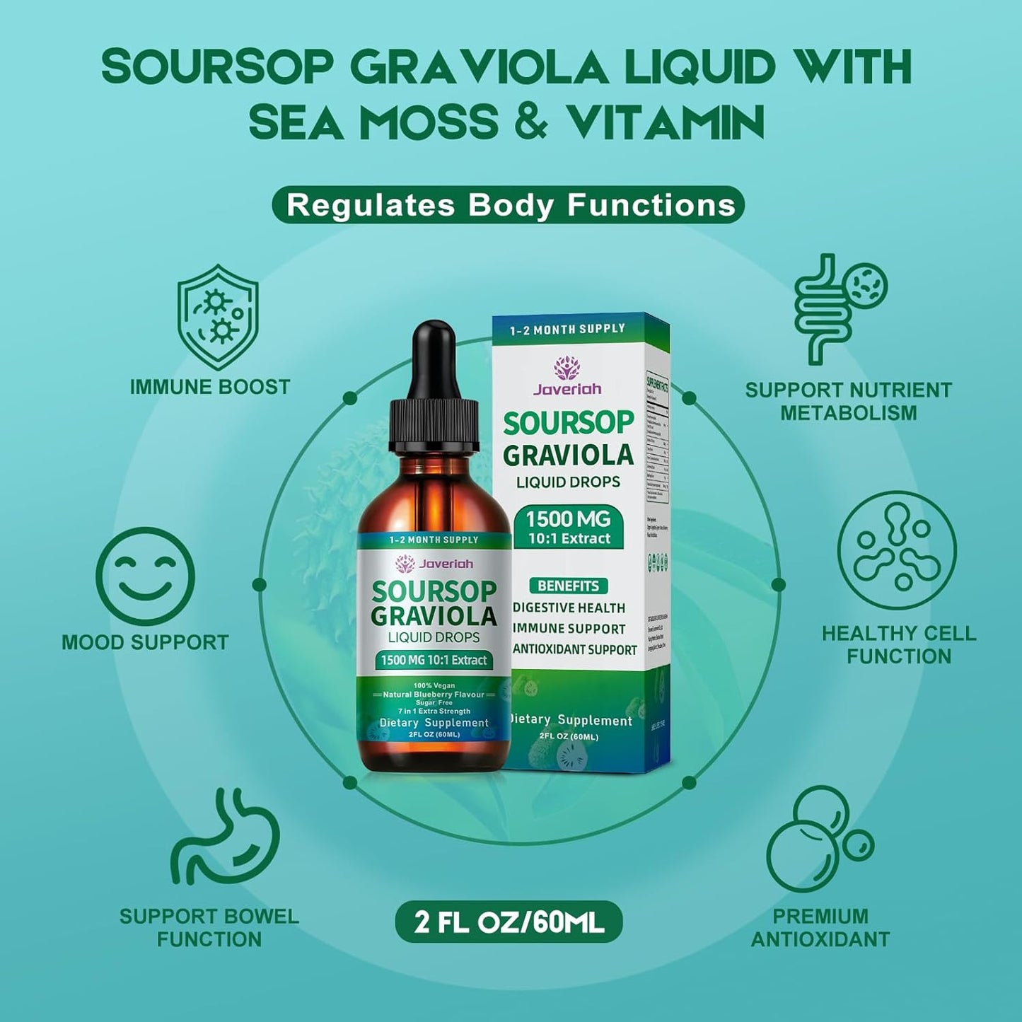 Soursop Graviola Liquid Drops Supplement with Sea Moss Extract, Soursop Bitters Liquid for Cell Support & Regeneration, Immunity, Liver, Antioxidant, Graviola Leaves Extract 2 Month Supply 60ML