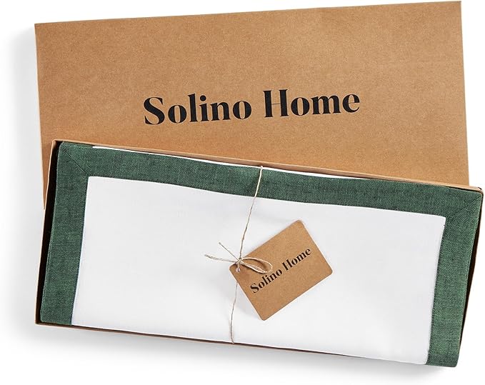 Solino Home Linen Table Runner 48 Inches - 100% Pure Linen Forest Green and White Small Table Runner 14 x 48 Inch Ideal for Dresser and Coffee Tables - Classic - Winter, Christmas