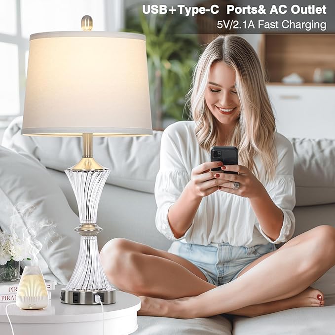 Crystal Glass Table Lamp with USB C+A Ports & AC Outlet,White Clear Modern Bedroom Lamp,Silver Lamp for Living Room,Nightstand Lamp LED Bulbs Included,Single Silver