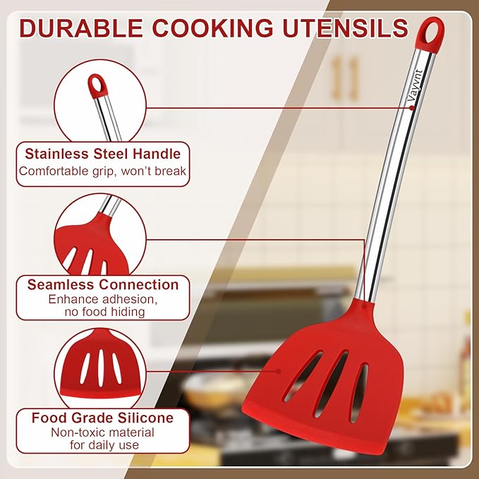 8 PCS Silicone Kitchen Utensils, Vayvnt Large Cooking Utensils Set for Nonstick Cookware, Silicone Spatula Set Includes Spoons and Tongs, Kitchen Essentials for Cooking & Baking, Dishwasher Safe, Red