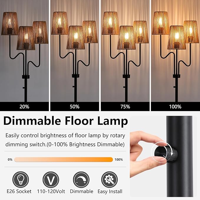9MMML Farmhouse Boho Dimmable Floor Lamp with Rattan Shade, 68'' Tall Floor Standing Lamp, 3-Light Floor Lamp for Living Room, Bedroom, Office, Corner, 3 x E26 LED Bulb Included
