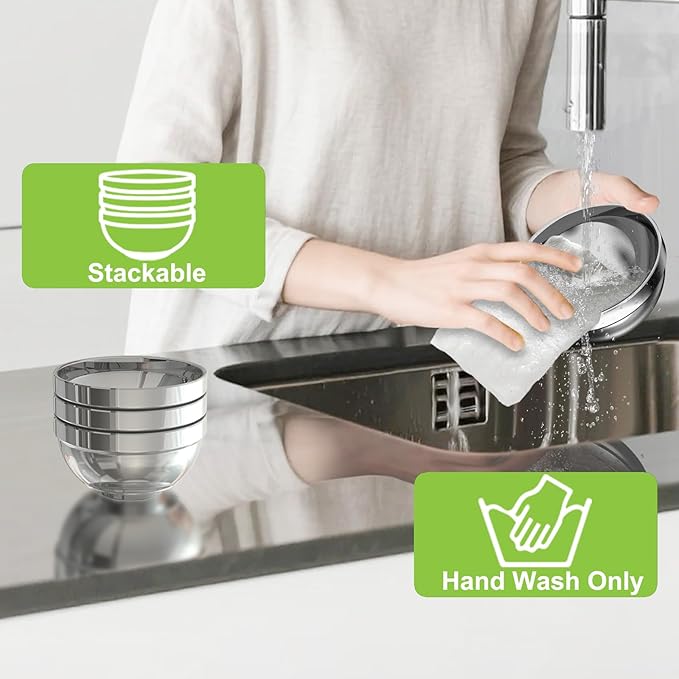 Stainless Steel Bowls, 4 Pack 5.1in 15.9oz 470ml Mini Small SUS304 Double Wall Insulated Stackable Metal Eating Bowl Containers for Serving Snacks Ice Cream Soup Cereal Food Rice Salad