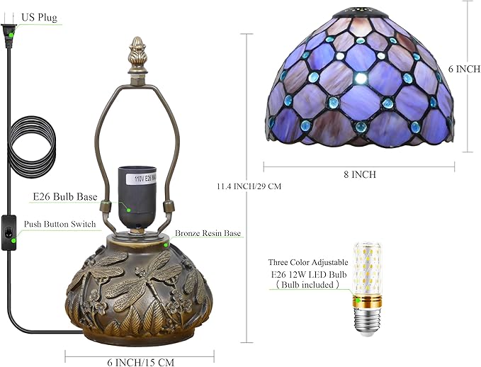 Small Tiffany Lamp Mini Stained Glass Table Lamp Purple Pearl Style Mushroom Accent Lamp 8X11 Inch