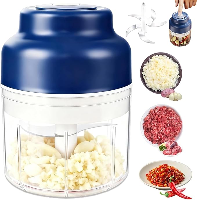Electric Garlic Chopper, Mini Portable Veggie Chopper, 4/6 Stainless Steel Blades Small Food Processor with USB Rechargeable Wireless, One-Touch Operation for Garlic, Onion & Vegetables (A,Six knives)