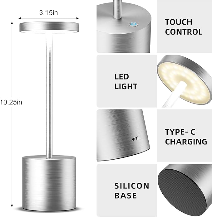 Cordless Table Lamps Rechargeable - Outdoor Portable LED Table Light 5000mAh Battery Operated Lamp 3 Color Stepless Dimming with Memory Function for Restaurant Dining Patio 2Pack Silver
