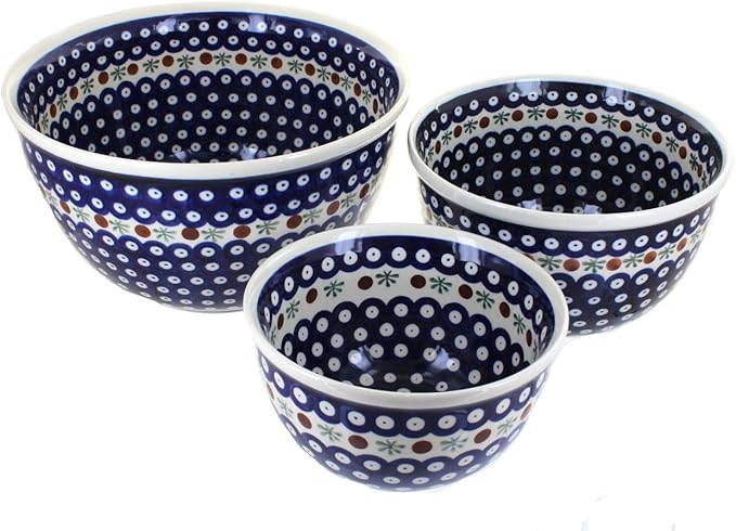 Blue Rose Polish Pottery - Blue Nature Mixing Bowl Set - 3 Mixing Bowls - Polish Pottery Ceramic Bowl for Baking, Mixing & Serving