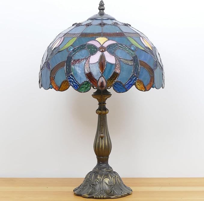 Tiffany Lamp Stained Glass Table Lamp Antique Bedside Reading Light W12H19 Inches (Sea Blue Baroque)