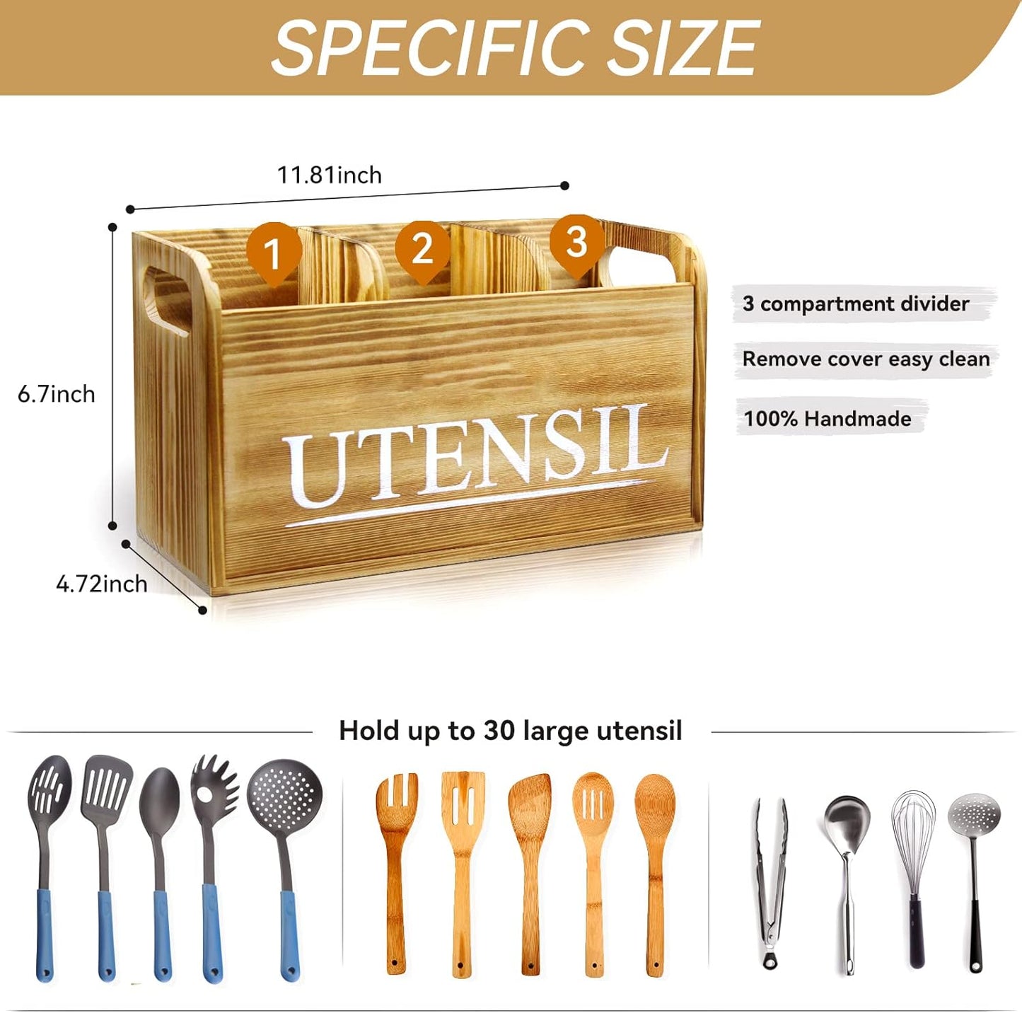 Kitchen Utensil Holder Rustic Large Wooden Utensil Organizer Cooking Tools Storage (Farmhouse Wooden)