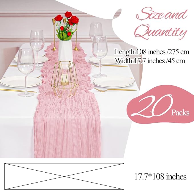 20 Pack Cheesecloth Table Runner Light Pink, Rustic Boho Gauze Fabric Table Runner Romantic Table Runner For Wedding, Festival, Birthday, Anniversary, Dinner and Outdoor Events (17.7 x 108 inch)