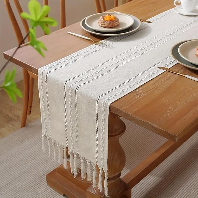 Niviy Ivory White Rustic Linen Table Runner 72 Inches Long with Tassels, Embroidered Table Runner Farmhouse for Party, Dresser Decor and Dining Room Decorations (White, 12"×72")