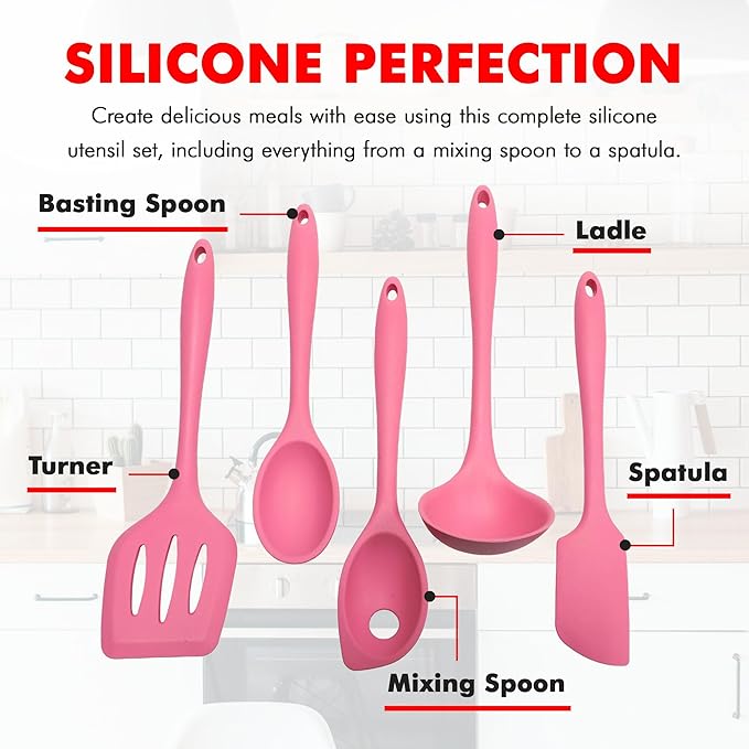 Chef Craft - Premium Silicone Kitchen Tools and Utensils Set, Non-Scratch, Withstands Temperatures up to 450°F, BPA-Free, 5 Piece Cooking Utensils Set, Pink