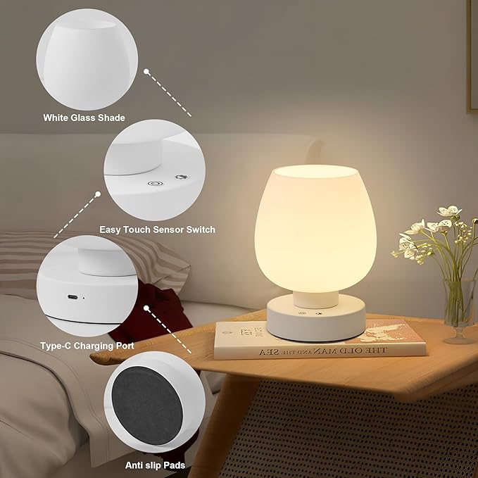 Small Table Lamp Cordless Nightstand Lamp - Rechargeable Modern Bedside Lamp with White Glass Shade, Stepless Dimmable & 8 RGB Colors & Memory, Battery Touch Lamp for Nursery Bedroom Nightstand