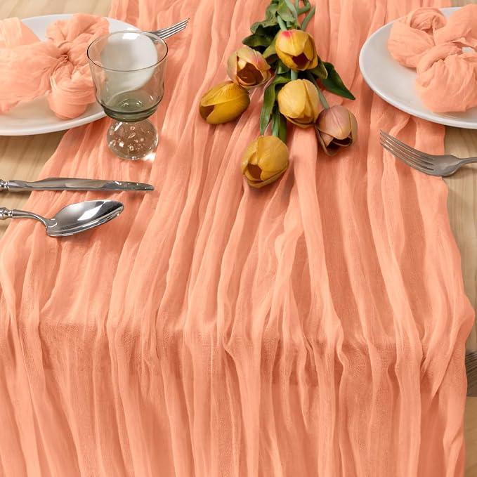 MLMC 3 Pack Peach Cheesecloth Table Runner 10ft Rustic Gauze Cheese Cloth Table Runner 35x120 Inches for Wedding Bridal Baby Shower Party Decor