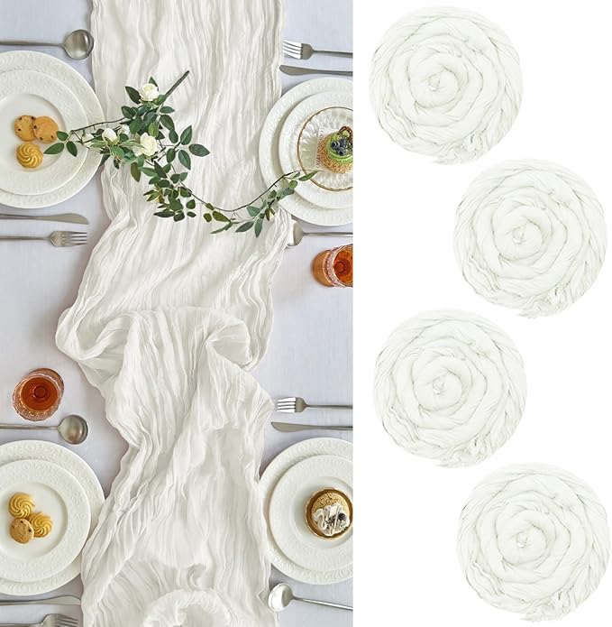 IVAPUPU 4 Pcs Cheesecloth Table Runner - 10ft Ivory White Boho Gauze Cheese Cloth Table Runners for Baby Shower Decoration Wedding Party Summer Garden Farmhouse
