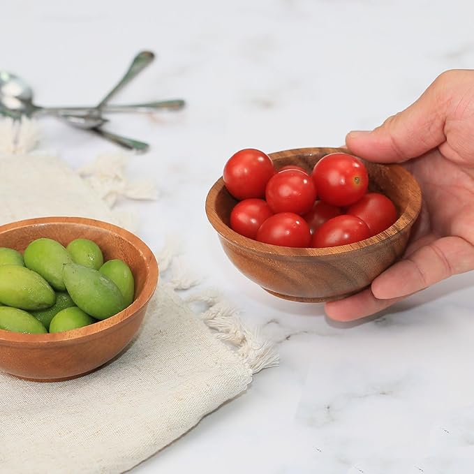 Acacia Wooden Bowls, 4 Inch Handcrafted Wood Serving Bowls Set of 2 for Sauce/Dips/Condiments, Mini Farmhouse Side Dishes with Natural Textured for Charcuterie Board/Appetizers